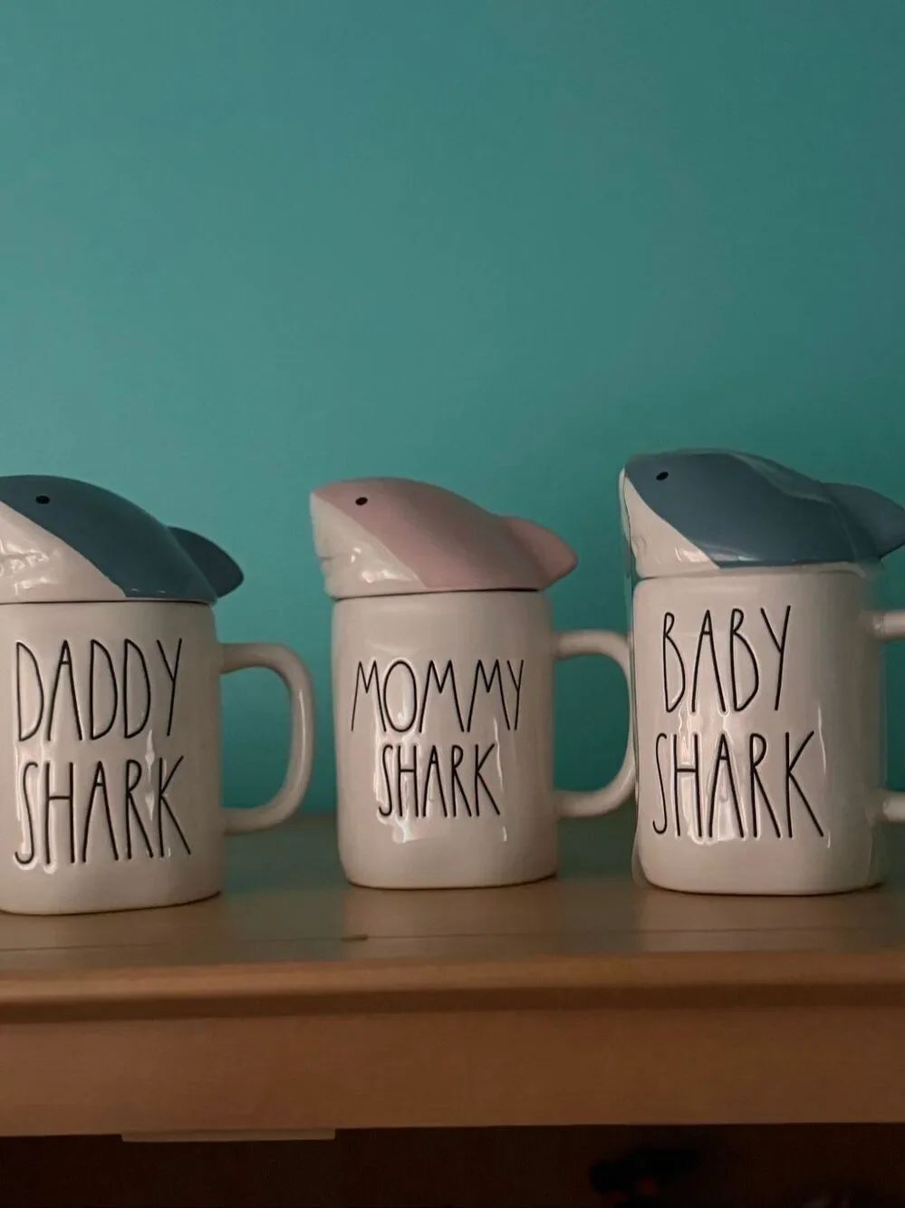 Rae Dunn DADDY, BABY, MOMMY SHARK Mugs-Set Of 3